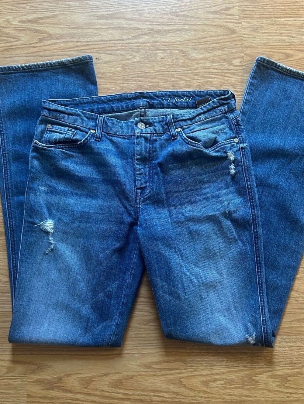 7 For All Mankind Dojo Flare Jeans Medium Wash Distressed Long Inseam 32